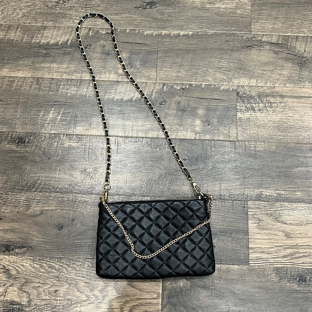 Genuine Leather Quilted Black And Gold Shoulder Bag Gem